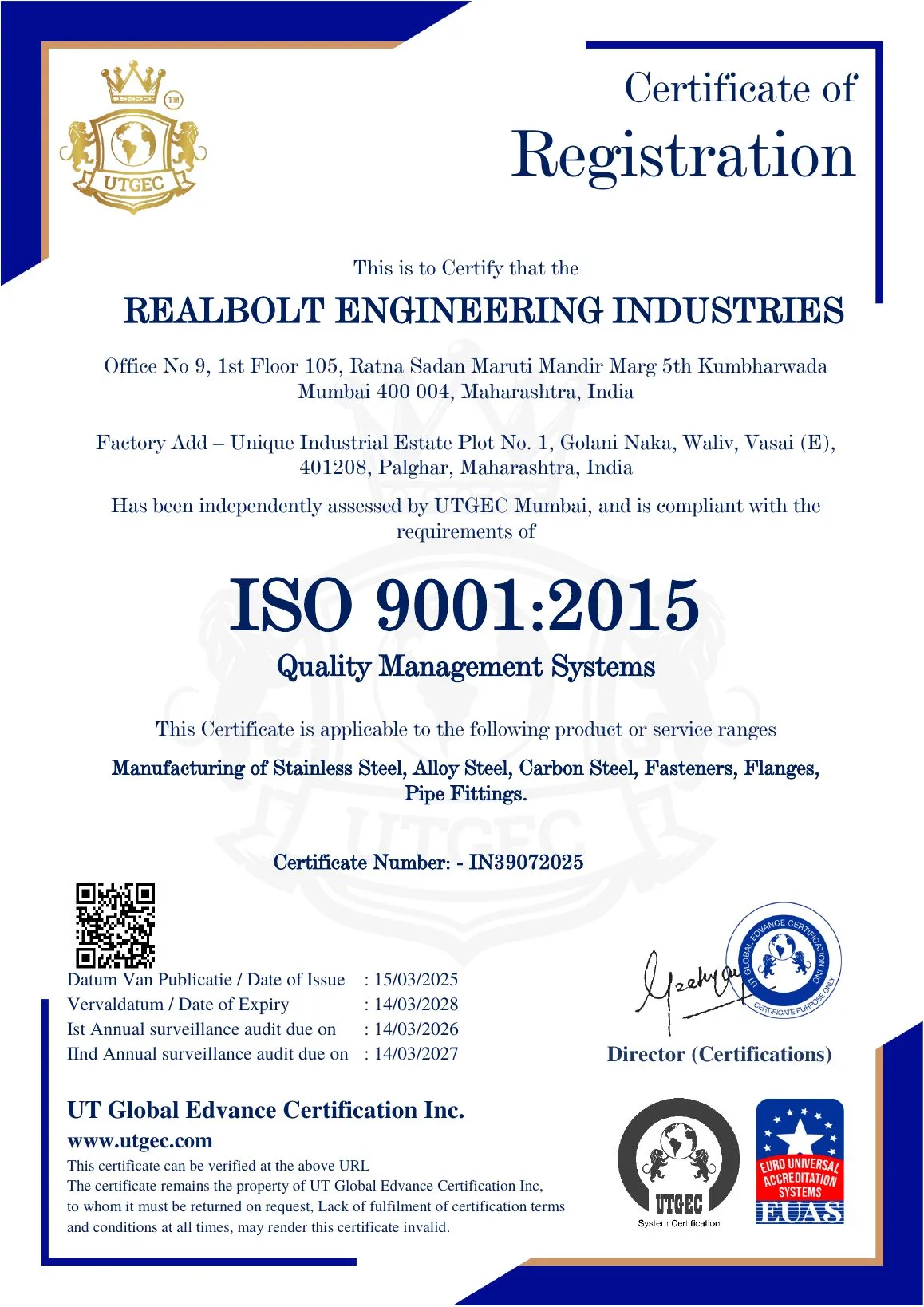 ISO 9001:2015 certificate of Realbolt Engineering Industries
