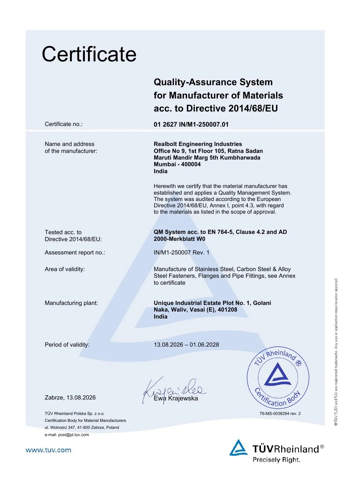 TÜV Rheinland certificate of Realbolt Engineering Industries